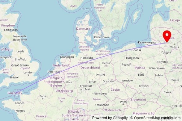 A map showing the great circle route from St Peter Port in Guernsey to a map pin at Kaunas Evangelical Christian Baptist Church, Kranto 2-oji g. 5, 45263 Kaunas, Lithuania