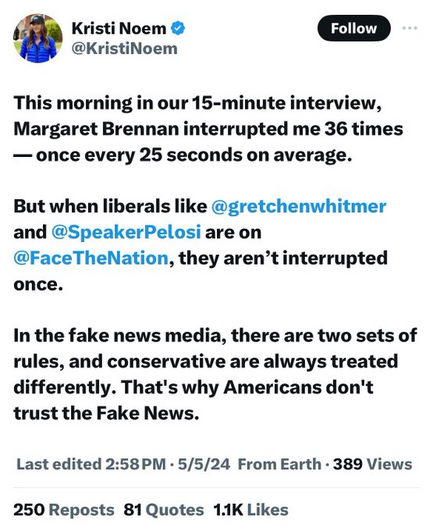 screenshot of a tweet by Kristi Noem

@KristiNoem
This morning in our 15-minute interview, Margaret Brennan interrupted me 36 times — once every 25 seconds on average.

But when liberals like @gretchenwhitmer and @SpeakerPelosi
 are on @FaceTheNation, they aren’t interrupted once.

In the fake news media, there are two sets of rules, and conservative are always treated differently. That's why Americans don't trust the Fake News.

8:58 p.m. · 5 mei 2024
