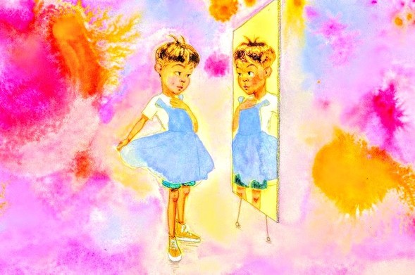 Little girl looking at herself in full length mirror 
