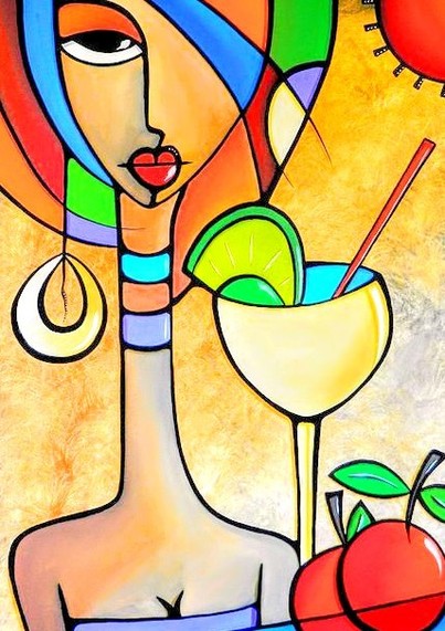 Bright colorful whimsical abstract woman sitting next to a fancy cocktail 