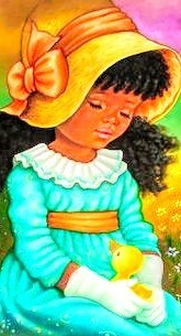 Little vintage girl sitting holding a baby duck