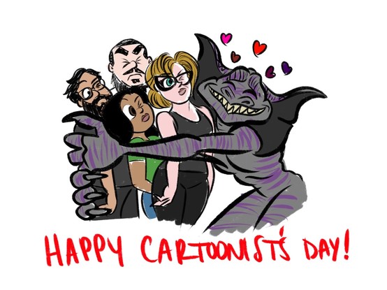 Left to right, Josh, Atlas, Maria, and Liz, being gifted by Jako, the volume 1 final boss 🖤 Captioned Happy Cartoonists Day!
