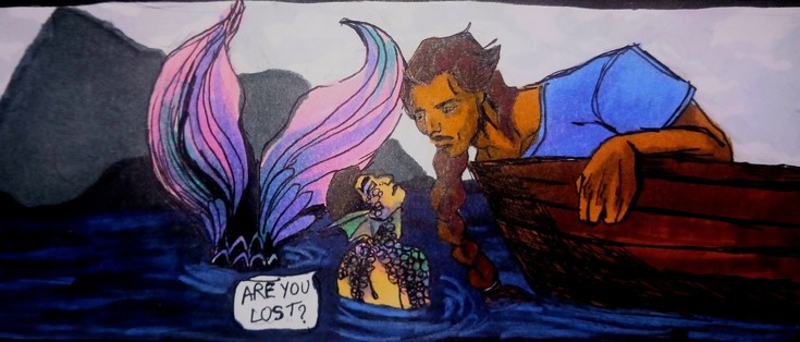 A merman peeks out the water to talk to a drifter on a boat.