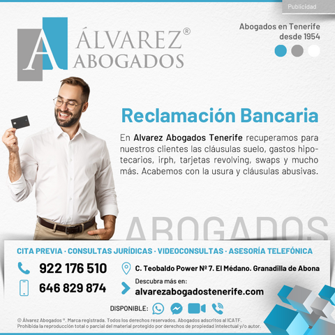Reclamación Bancaria. En Alvarez Abogados Tenerife recuperamos para nuestros clientes las cláusulas suelo, gastos hipotecarios, irph, tarjetas revolving, swaps y mucho más. Acabemos con la usura y cláusulas abusivas.
