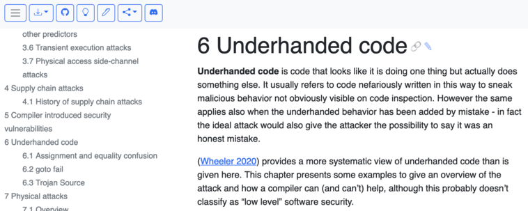 Screenshot of the "Underhanded Code" chapter in LLSoftSecBook