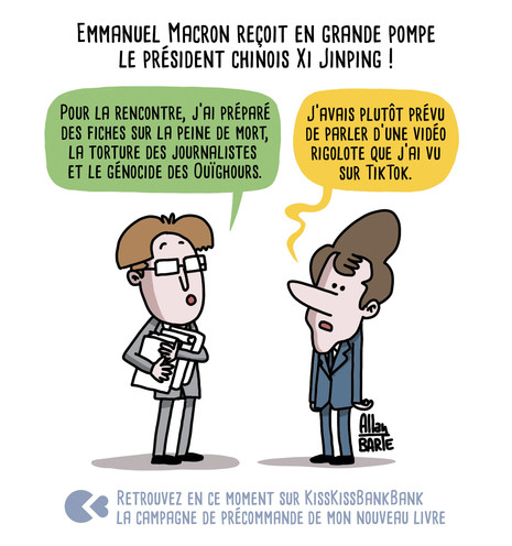 Emmanuel Macron reçoit en grande pompe le président chinois Xi Jinping !
Un conseiller, plusieurs dossiers sous le bras :
- Pour la rencontre, j’ai préparé des fiches sur la peine de mort, la torture des journalistes  et le génocide des Ouïghours.Macron, un peu embêté :
- J’avais plutôt prévu de parler d’une vidéo rigolote que j’ai vu sur TikTok.