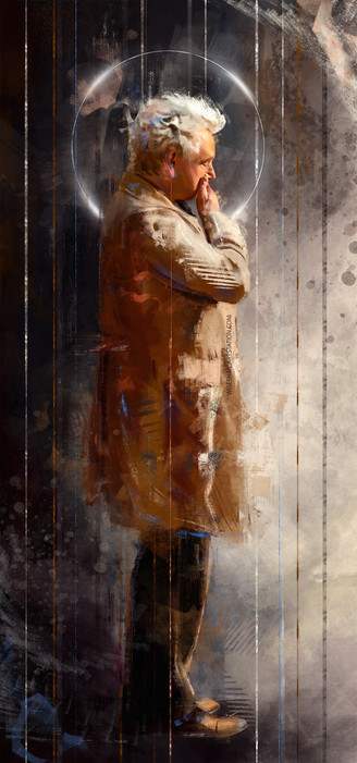 Side portrait of Michael Sheen as Aziraphale. He's turned to the right, with a hand in from of his mouth. The background is rendered in big brush strokes, in tones of dark maroon and beige. A halo around Aziraphale's head completes the painting