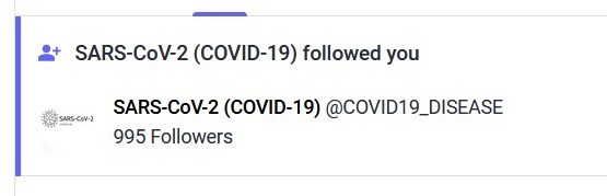 Fediverse notification that says "SARS-CoV-2 (COVID-19) followed you"