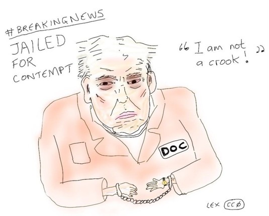 Illustration of the orange Trump in an orange Department of Corrections jumpsuit 