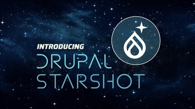 "Introducing Drupal Starshot" on a starry background with the Drupal drop and a star.