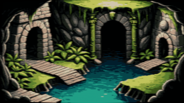 Pixel art of an ethereal realm where time entwines with the verdant helm. A surreal Mayan jungle cave, a silent ode to the brave. Here lies the labyrinth's soul, in ancient passageways that beckon and cajole. Each stone, a story; each vine, a veil, within the lush, emerald canopy they sail. Soft, diffused light filters through a tapestry of leaves, a dance of luminescence that twilight weaves. The mysterious rock formations stand as silent sentinels in this land, sculpted by the hand of histories untold, more precious than gold. An underground river murmurs secrets, flowing from an arched entrance bold, its waters pure and cold. A misty veil, like a ghostly bride's train, shrouds the entrance, a portal to what was, what is, what remains. It beckons the adventurous, the dreamers, the seers, into the depths of a world that whispers and leers. The image has a CRT filter applied.