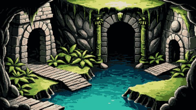 Pixel art of an ethereal realm where time entwines with the verdant helm. A surreal Mayan jungle cave, a silent ode to the brave. Here lies the labyrinth's soul, in ancient passageways that beckon and cajole. Each stone, a story; each vine, a veil, within the lush, emerald canopy they sail. Soft, diffused light filters through a tapestry of leaves, a dance of luminescence that twilight weaves. The mysterious rock formations stand as silent sentinels in this land, sculpted by the hand of histories untold, more precious than gold. An underground river murmurs secrets, flowing from an arched entrance bold, its waters pure and cold. A misty veil, like a ghostly bride's train, shrouds the entrance, a portal to what was, what is, what remains. It beckons the adventurous, the dreamers, the seers, into the depths of a world that whispers and leers.  