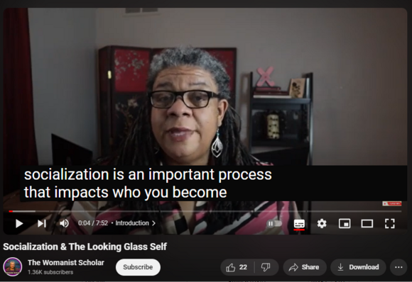 https://www.youtube.com/watch?v=hctctEJG8ek

584 views  20 Apr 2020  SOC 101: Intro to Sociology
In this lecture video, Dr. Xeturah Woodley defines socialization and discusses the socialization process. She also includes information about Charles Cooley's The Looking Glass Self Theory.