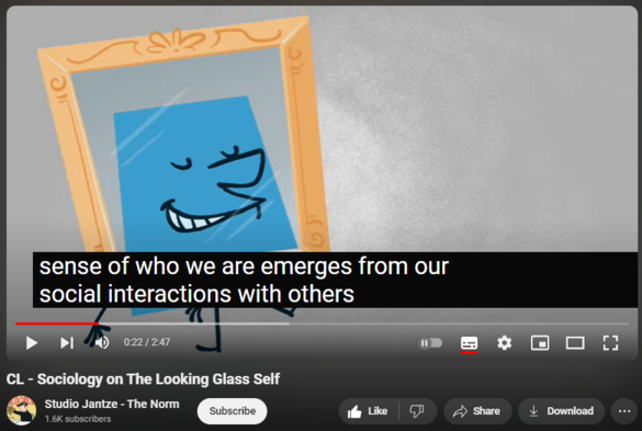 https://www.youtube.com/watch?v=WDu5nc_uEPo
CL - Sociology on The Looking Glass Self


2,653 views  5 Sept 2022  Cengage Learning
1 of 12 animations for a Cengage Learning product