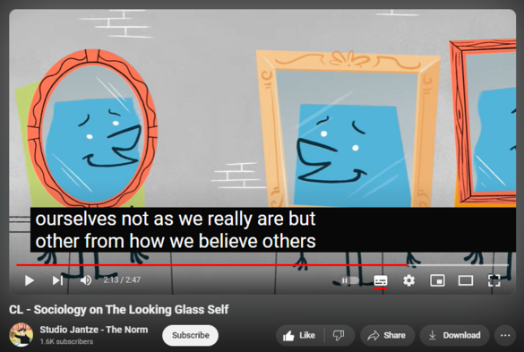 https://www.youtube.com/watch?v=WDu5nc_uEPo
CL - Sociology on The Looking Glass Self

2,653 views  5 Sept 2022  Cengage Learning
1 of 12 animations for a Cengage Learning product
Featured playlist