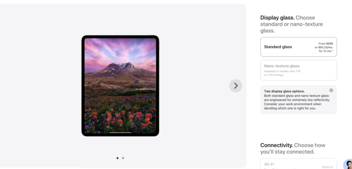 Screenshot of Apple order page for iPad Pro with text saying nano texture is only available on the higher storage models.