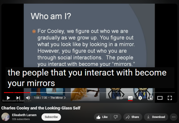 https://www.youtube.com/watch?v=CpXUBp9H2XE
Charles Cooley and the Looking-Glass Self

19,299 views  30 Sept 2014
How do the reactions of others change the way we see ourself?