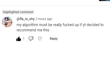 Screenshot of a youtube comment which reads "my algorithm must be really fucked up if youtube decided to recommend me this"