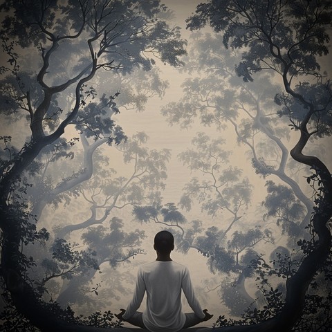 As seen from behind, a human figure sits to meditate in front of abstract trees. The nearly black and white image has a vignette effect.