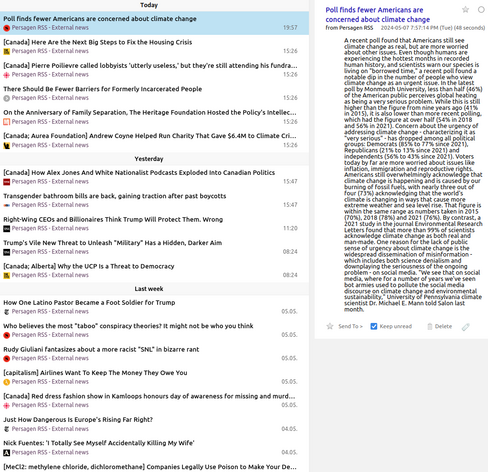 Pg-RSS external news feeds: Tuesday 2024-05-07
News/analytics re: abuses of wealth, power, influence

📱 1-col: https://persagen.com/rss/pg-extnews.m.xml
💻️ 2-col: https://persagen.com/rss/pg-extnews.xml
🌐 Click title to go to external news source

Updated throughout the day
Victoria, Persagen.com 🙏

#persagen #news #CurrentEvents #politics #wealth #power #influence #ideology #populism #CultureWars #discrimination #HumanRights #LGBTQ+ #justice #climate #environment #capitalism #inequality #SocialJustice

Image: Pg-RSS news feed