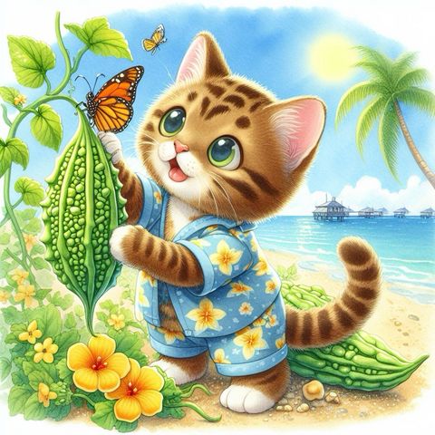 あかりゆしウェアを着た茶トラ子猫がゴーヤを収穫しようとしている。奥には青い海とヤシの木がある南国の日差しが降り注ぐ海辺。