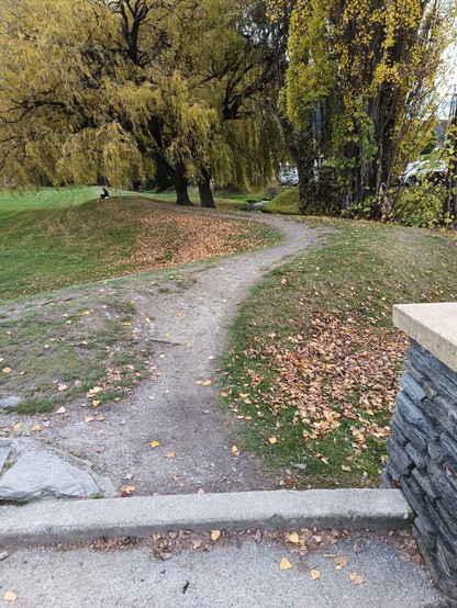 Desire line that skirts the bank around the park, and someone perched under a willow for lunch
