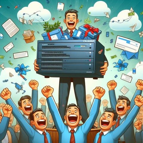 Cartoon generated by Bing Image Creator with the prompt: "depict a very happy and outrageously celebrating exchange administrator carrying a new Exchange Server surrounded by several subscriptions" 