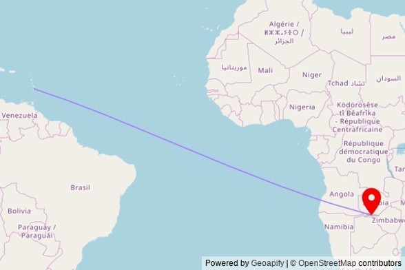 A map showing the great circle route from Castries in Saint Lucia to a map pin at New Apostolic Church, Nunga Road, Kasane, Botswana