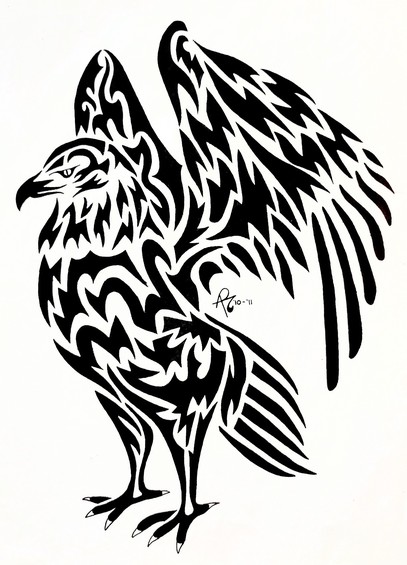Tribal black and white drawing depicting an eagle standing with its wings half spread, as if thinking of taking off.
