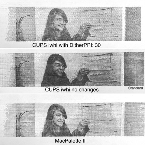 Image showing three different test prints of Margaret Hamilton smiling next to a stack of code. Labeled from top to bottom: "CUPS iwhi with DitherPPI: 30," "CUPS iwhi no changes,” and “MacPalette.”

Subjectively, the top and bottom are much better than the middle (default).