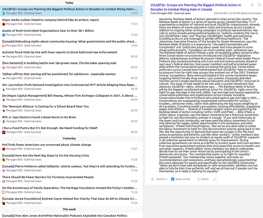 Pg-RSS external news feeds: Wednesday 2024-05-08
News/analytics re: abuses of wealth, power, influence

📱 1-col: https://persagen.com/rss/pg-extnews.m.xml
💻️ 2-col: https://persagen.com/rss/pg-extnews.xml
🌐 Click title to go to external news source

Updated throughout the day
Victoria, Persagen.com 🙏

#persagen #news #CurrentEvents #politics #wealth #power #influence #ideology #populism #CultureWars #discrimination #HumanRights #LGBTQ+ #justice #climate #environment #capitalism #inequality #SocialJustice

Image: Pg-RSS news feed