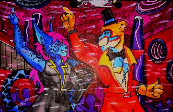 An orange bipedal bear and a blue bipedal leopard are dancing together in a disco room.
