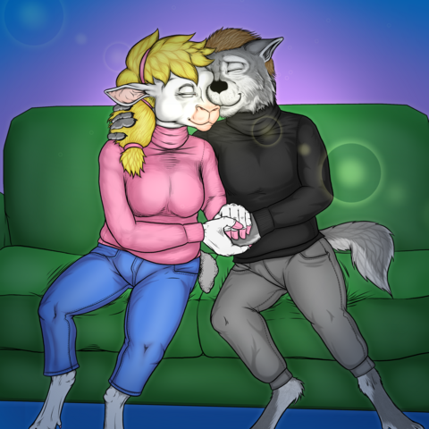 Anthropomorphic sheep Lambda Erickson and anthropomorphic wolf Stuart L'Beau hold hands and nuzzle each other on a green couch.  Stuart places one hand around Lambda's shoulder. The background is a blue and purple gradient.  There is a muted dark blue vignette on the image, and a soft lens flare.