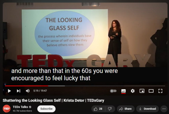 https://www.youtube.com/watch?v=1RmFkiPjH8Q
Shattering the Looking Glass Self | Krista Detor | TEDxGary


1,014 views  27 Sept 2022
Shattering the Looking Glass Self is the idea of confronting failure and redefining what success means through personal lens and experiences. 
 Detor launched The Hundredth Hill Artist Residence & Retreat in Bloomington, Indiana in 2020 during the pandemic lockdown, for which she’s since been recognized in Forbes, Broadway World, and The Washington Post. An accomplished touring musician and songwriter, Detor’s albums have reached international prominence, and she’s shared stages with Victor Wooten, The Neville Bros., Suzanne Vega, among others. Collaborating with her husband, David Weber, the work has been praised as "..like Richard Wright’s 'Manchild in the Promised Land' or the musical equivalent of Akira Kurosawa’s 'Dreams'”(MusicDish); Awarded the Indiana Masterpieces Grant, and collaborated on the award-winning 'Wilderness Plots,' (PBS), for which she and fellow writers were recognized by the Indiana Legislature. She was the only American woman invited to The BBC's Darwin Songhouse Project, in Shrewsbury England, and her album ‘Chocolate Paper Suites,’ has been featured in course curriculum at Stanford University. This talk was given at a TEDx event using the TED conference format but independently organized by a local community. Learn more at https://www.ted.com/tedx