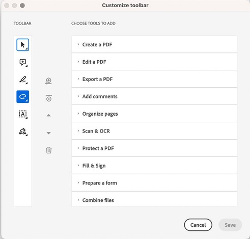 screenshot of the "customize toolbar" window in Acrobat