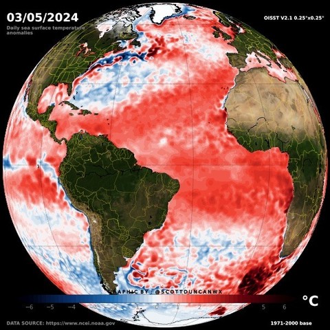 Excessive heat in the Atlantic sea surface temperatures in red on a globe showing the North and South Atlantic with the adjacent continents.