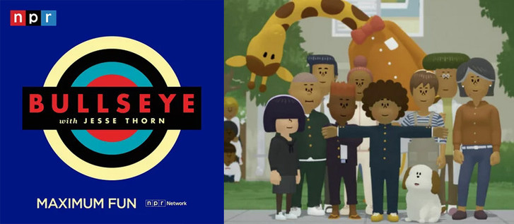 Podcast cover image from Bullseye with Jesse Thorn on the left, next to a screenshot from the upcoming video game To a T featuring a group of kids along with a giraffe with it's neck craned around so the head is upside-down all who are looking at us while standing around a boy in the middle with his arms straight out in a T-shape (hence the name of the game).