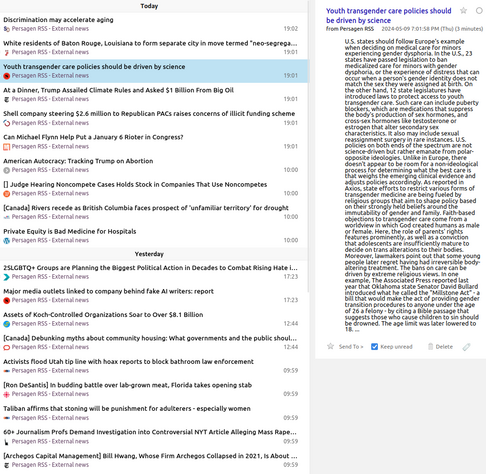 Pg-RSS external news feeds: Thursday 2024-05-09
News/analytics re: abuses of wealth, power, influence

📱 1-col: https://persagen.com/rss/pg-extnews.m.xml
💻️ 2-col: https://persagen.com/rss/pg-extnews.xml
🌐 Click title to go to external news source

Updated throughout the day
Victoria, Persagen.com 🙏

#persagen #news #CurrentEvents #politics #wealth #power #influence #ideology #populism #CultureWars #discrimination #HumanRights #LGBTQ+ #justice #climate #environment #capitalism #inequality #SocialJustice

Image: Pg-RSS news feed