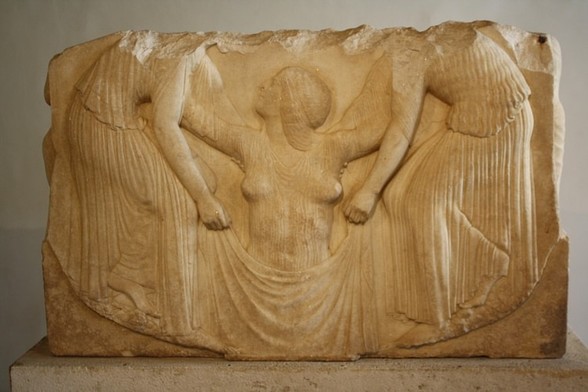 Marble relief of the birth of Aphrodite. Two Horai (divinities of nature and the seasons) assist the goddess, pulling her up and clothing her. The piece, made from marble from Thasos, was in fact part of an altar.
