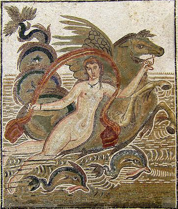 Mosaic of a Nereid, a sea nymph. She is naked, holding the reins of a fish-tailed horse and a cloak or veil is billowing above her head. Below her swim two fish or dolphins.