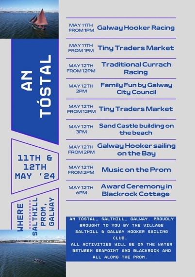 Event poster for "An Tóstal" taking place on May 11th and 12th, 2024, in Salthill Prom, Galway, featuring a list of activities including Galway Hooker Racing, Traditional Currach