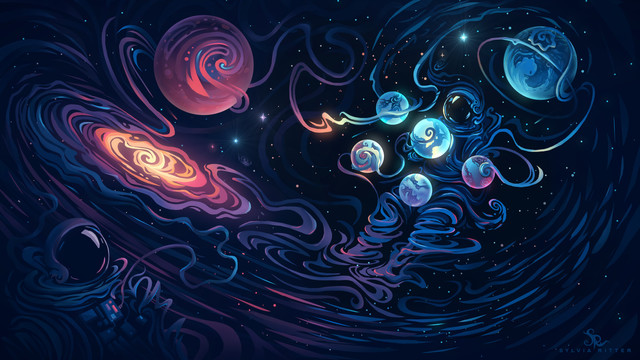 Rippling Ribbons - Two astronauts floating in space. We can see one of these astronauts in the bottom left corner. The ribbons start at the heart area—reaching out, following along a Milky Way, traveling around a planet, until meeting the other astronaut, trying to save a handful of planets - earth and earthlike. The second astronaut is already dissolving and meets his friend somewhere and somehow again. Through time and space. -  We had 24 hours to finish the artwork (including sleep and breaks).
Many thanks to my wonderful friend and illustrator mouldyCat for providing the chaos picture paintover.3eyed.net/.  