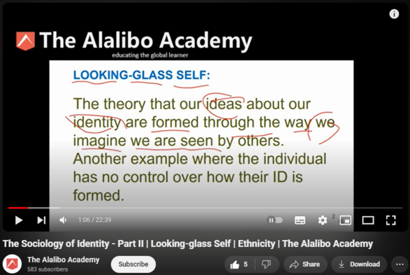 https://www.youtube.com/watch?v=_UWOflUXKUQ
The Sociology of Identity - Part II | Looking-glass Self | Ethnicity | The Alalibo Academy


48 views  3 Apr 2023
Discusses the sociology of identity by examining Looking-glass self, Front Stage and Back Stage Behaviors, Intersectionality, Cultural Assimilation, Social/Cultural Integration and Ethnicity. See Part I video -   

 • The Sociology of Identity - Part I | ...  .
