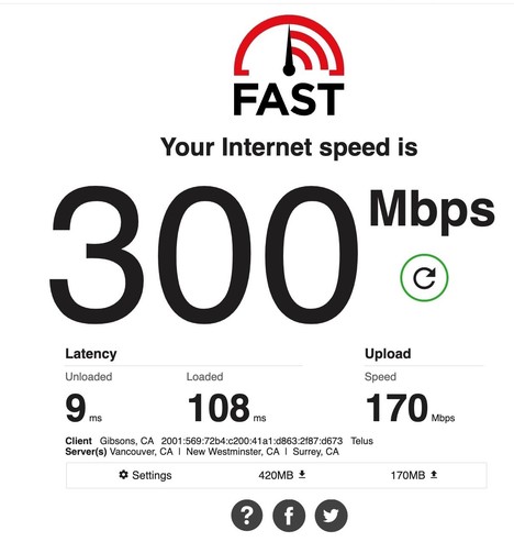 Internet speed test result showing a download speed of 300 Mbps, an upload speed of 170 Mbps, with latency values, and server locations in Canada.