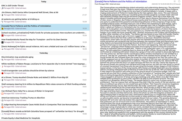 Pg-RSS external news feeds: Friday 2024-05-10
News/analytics re: abuses of wealth, power, influence

📱 1-col: https://persagen.com/rss/pg-extnews.m.xml
💻️ 2-col: https://persagen.com/rss/pg-extnews.xml
🌐 Click title to go to external news source

Updated throughout the day
Victoria, Persagen.com 🙏

#persagen #news #CurrentEvents #politics #wealth #power #influence #ideology #populism #CultureWars #discrimination #HumanRights #LGBTQ+ #justice #climate #environment #capitalism #inequality #SocialJustice

Image: Pg-RSS news feed
