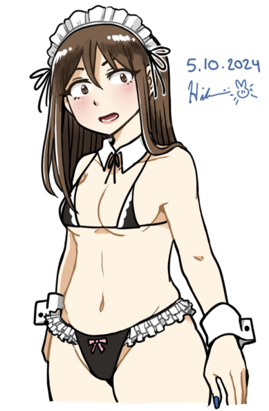 medium length brown hair girl wearing a maid-themed microbikini. katyusha with two black ribbons, white collar with a ribbon. white cuffs. navy blue nailpolish. underpants have white frills and a pink ribbon 