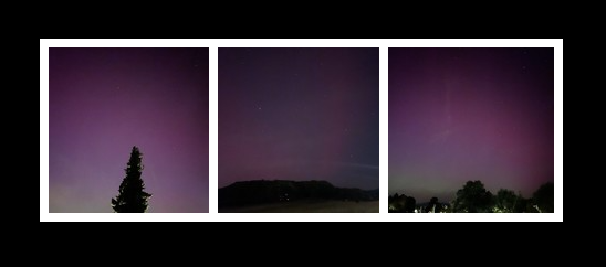 Screenshot dreier Fotos von Nordlichtern, in denen der Nachthimmel jeweils dunkel lila und am Horizont leicht grünlich schimmert.