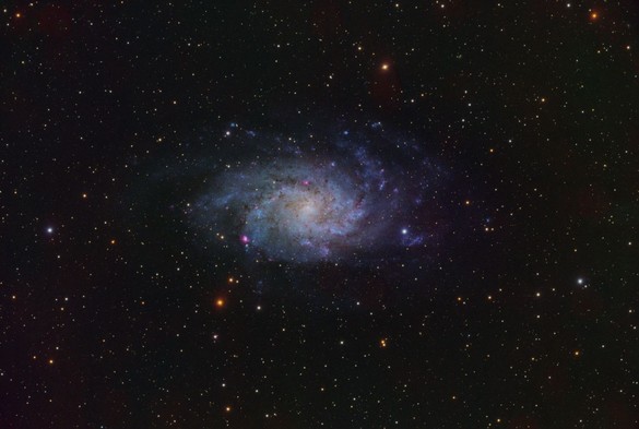 Messier 33 Triangulum Galaxy:
Black background with many stars of varying brightness and colour spread throughout. 

At center is a spiral galaxy with a slightly yellow core and blue arms spreading out from center in a pinwheel shape.

There are a few small patches of red in the blue arms - like red berries on a bush.