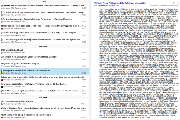 Pg-RSS external news feeds: Saturday 2024-05-11
News/analytics re: abuses of wealth, power, influence

📱 1-col: https://persagen.com/rss/pg-extnews.m.xml
💻️ 2-col: https://persagen.com/rss/pg-extnews.xml
🌐 Click title to go to external news source

Updated throughout the day
Victoria, Persagen.com 🙏

#persagen #news #CurrentEvents #politics #wealth #power #influence #ideology #populism #CultureWars #discrimination #HumanRights #LGBTQ+ #justice #climate #environment #capitalism #inequality #SocialJustice

Image: Pg-RSS news feed