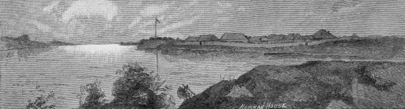 A drawing of Playgreen Lake, with Norway House on the land in mid-distance. You can see its location by the flagpole that reaches up into the sky.